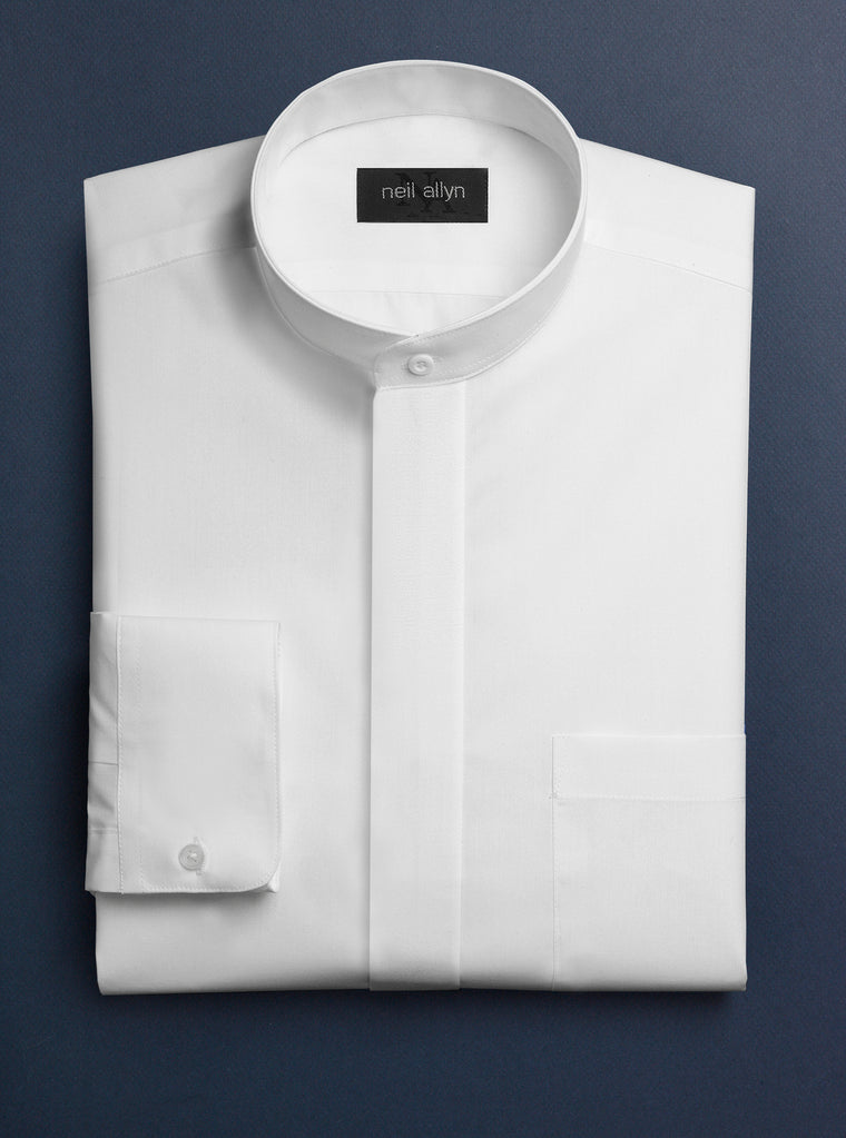Men's White Banded Collar Dress Shirt