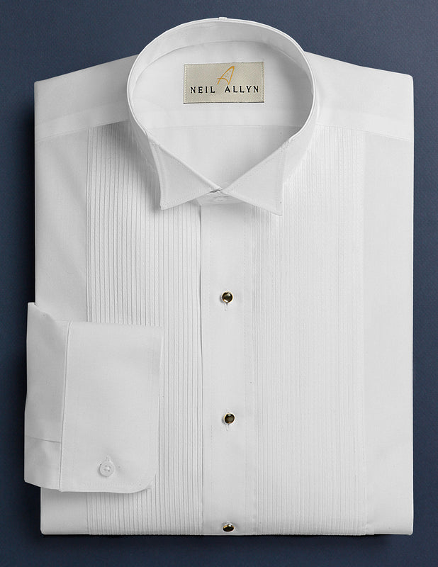 Men's White 1/8" Pleated Tuxedo Shirt with Wing-Tip Collar - Caterwear.com