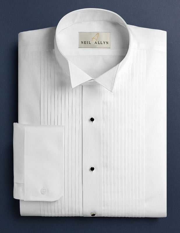 Men's White 1/4" Pleated Tuxedo Shirt with Wing-Tip Collar - Caterwear.com