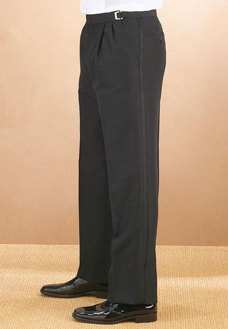 Men's Black Flat Front Tuxedo Pants With Adjustable Buckles - Caterwear.com